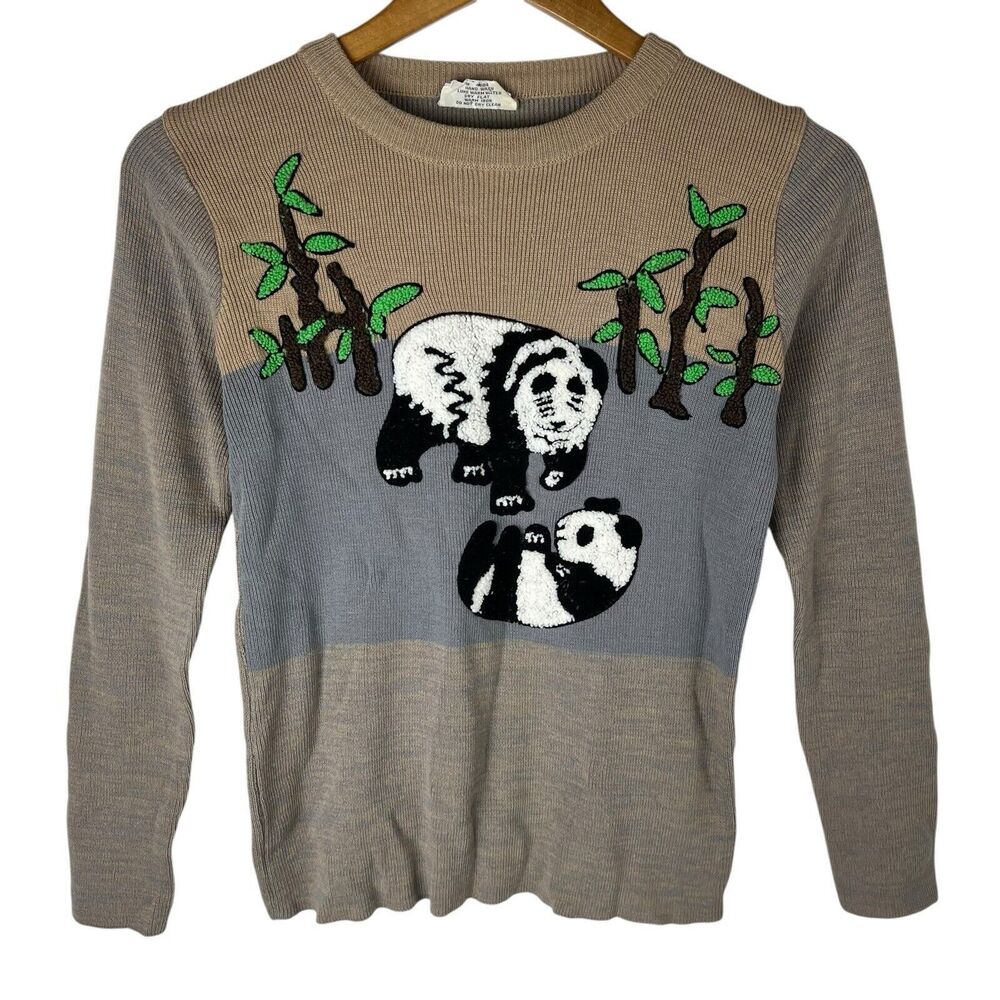 Vintage 70s K Mart Womens M Top Shirt Panda Playing Knit Cute Blouse Rare